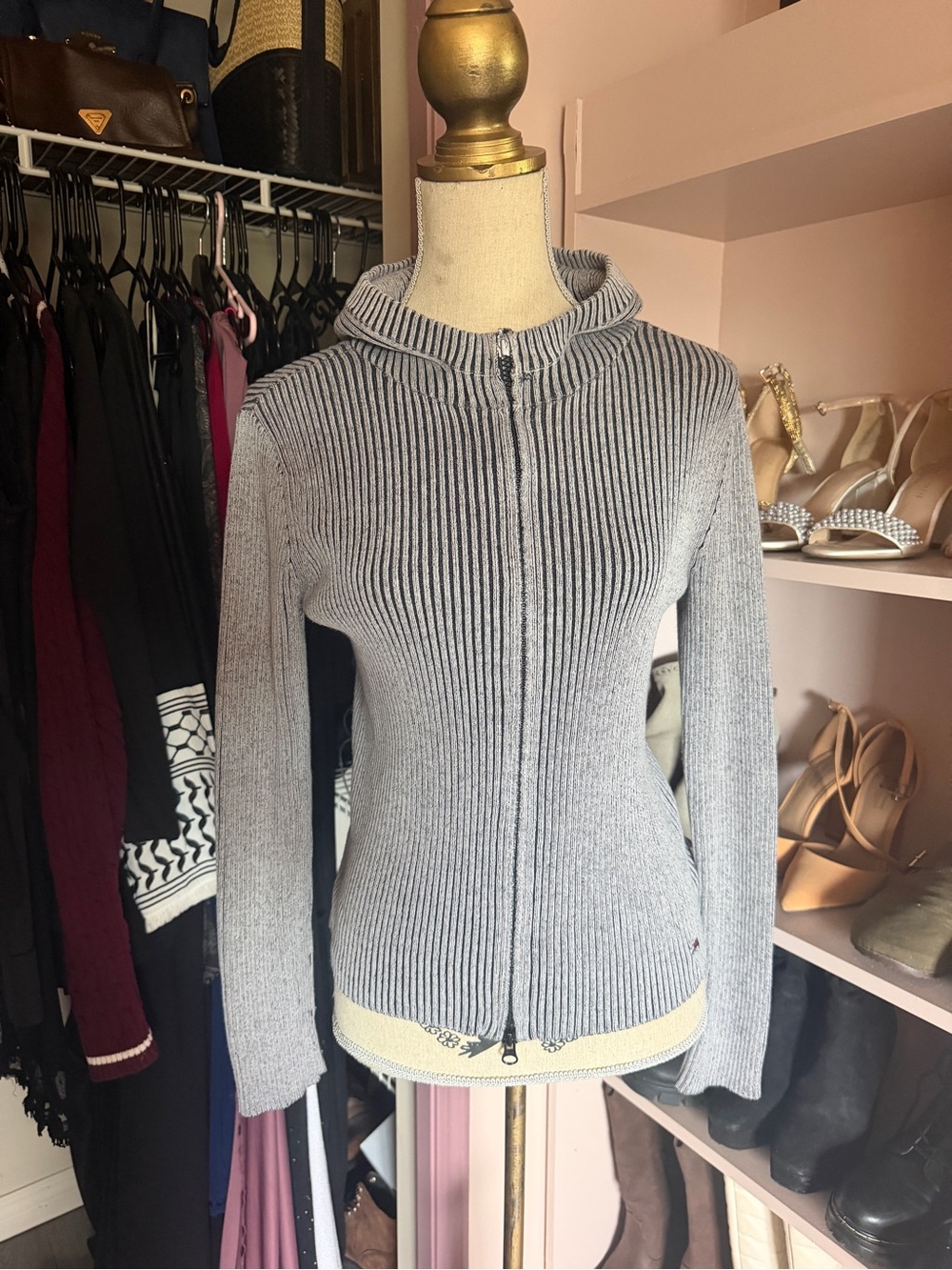 Tommy Hilfiger Light Gray Ribbed Zip Hoodie Sweater